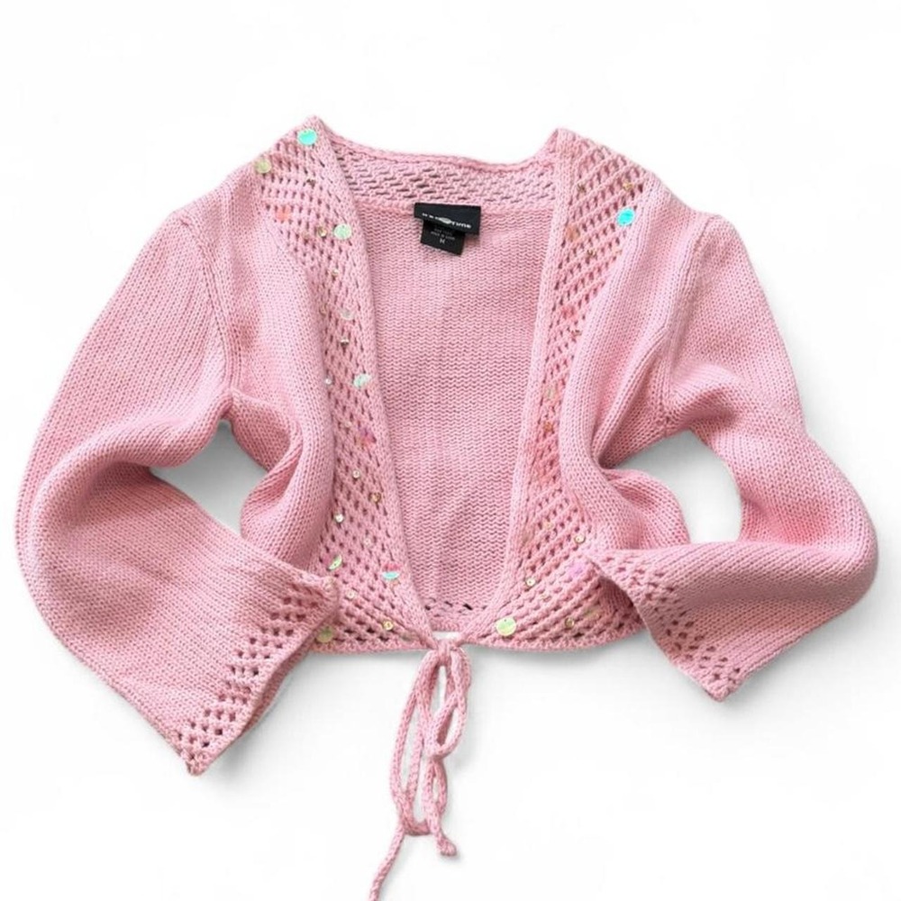 Vintage Y2K Pink Sequined It's Our Time Cropped Tie Front Sweater, Women's Sz M